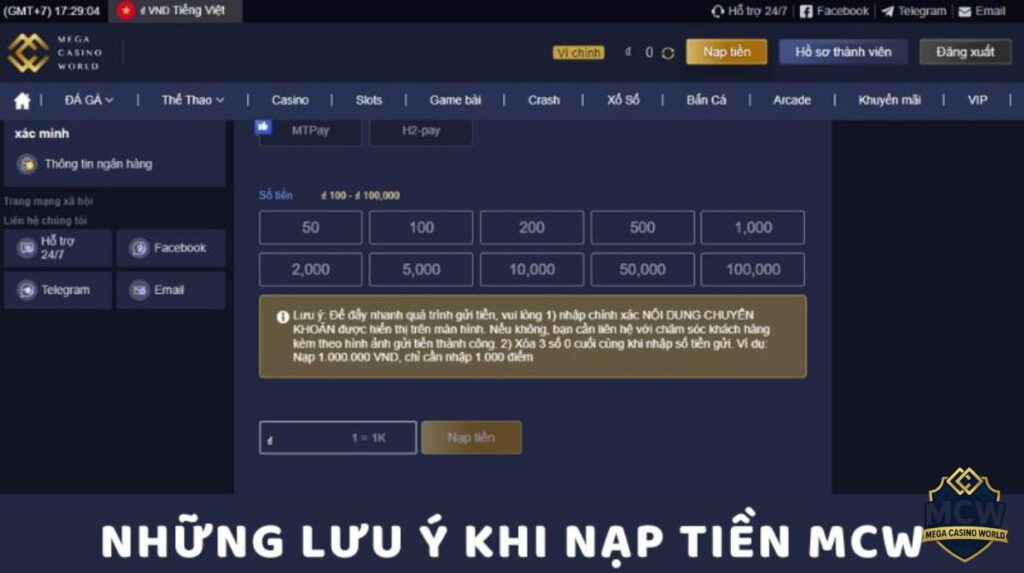 Hướng dẫn từng bước cách nạp tiền MCW thành công